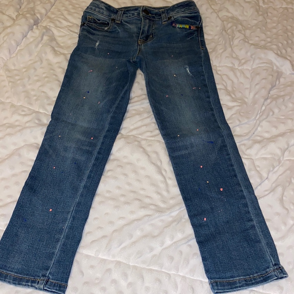 Girls sz 7 jeans. Artistic paint spots, jeans came this way.